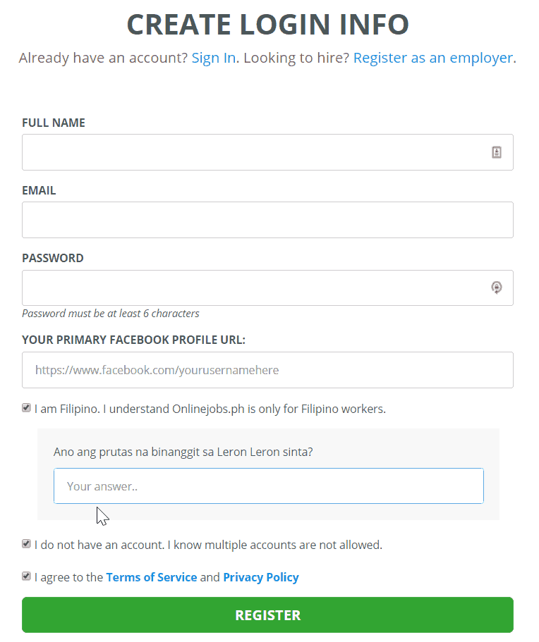 Log in info in Creating an Onlinejobs.ph Profile