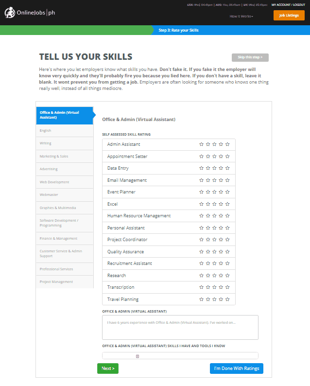 Skills are important part in creating an Onlinejobs.ph Profile